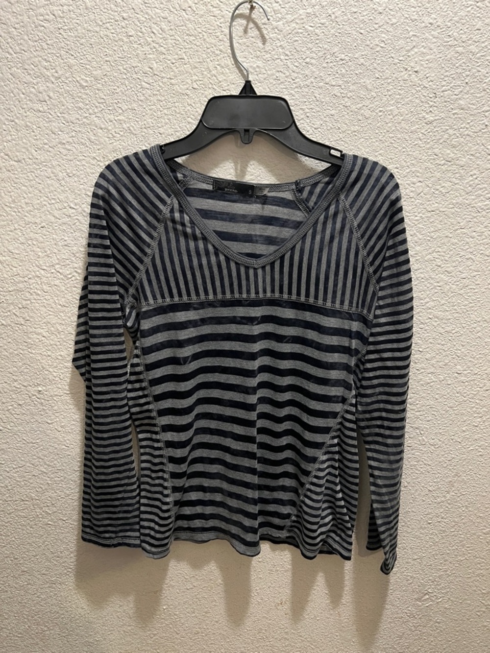 Prana Striped Long-Sleeve V-Neck Top in Charcoal and Black